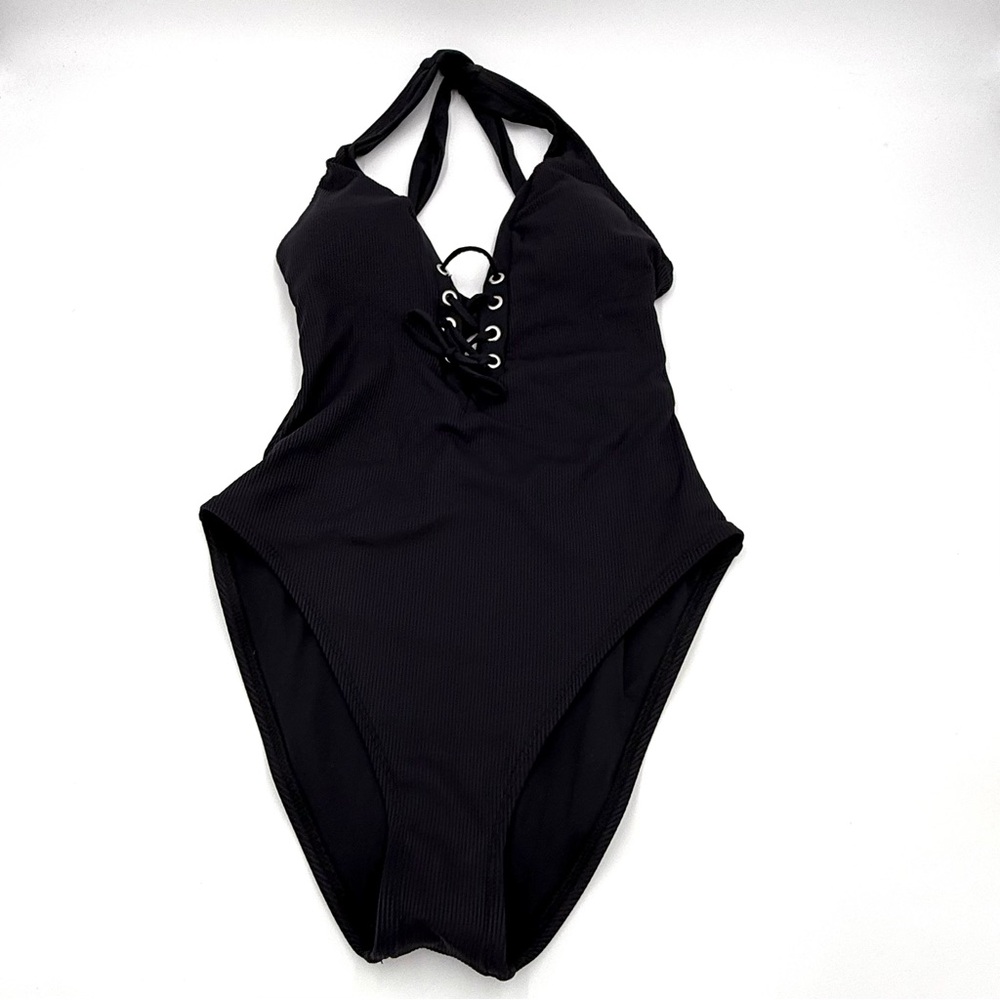 NWT Becca Black Lace Front One Piece Swim Bathing Suit Size Medium (CBR0001)